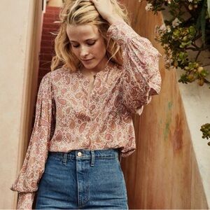 Dôen Silk Golden Hour Pink Paisley Button Down Top Size Medium